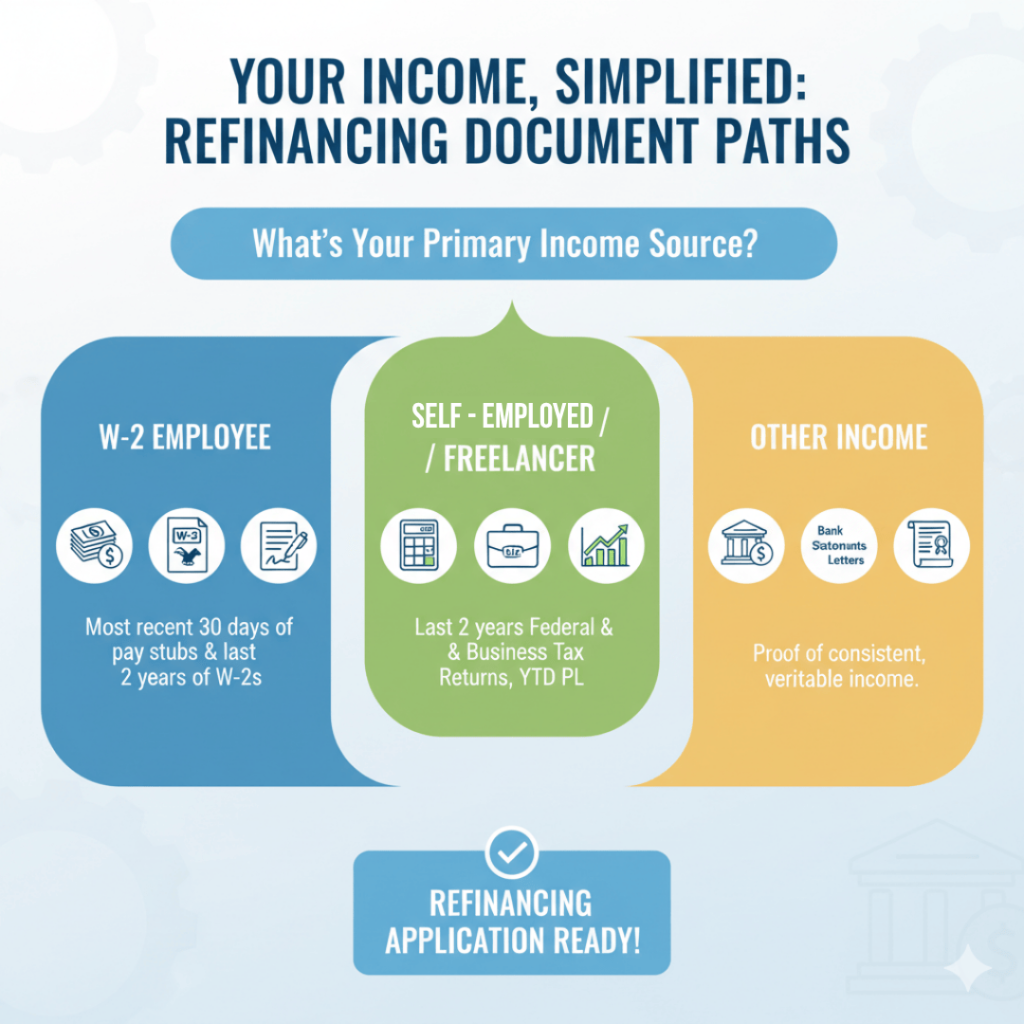 Image showing the different types of income documents you need for proof of as part of your ultimate refinancing checklist.